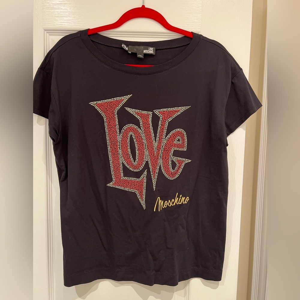 Moschino Black T-Shirt with Red and Gold Love Design